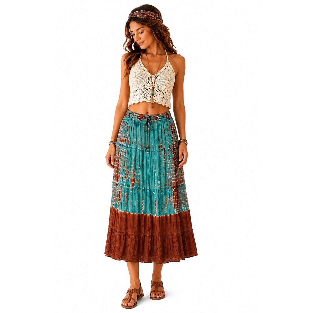 Surrale Tie Dye Tiered Boho Skirt Med Drawstring Adjustable Waist Fits To XL